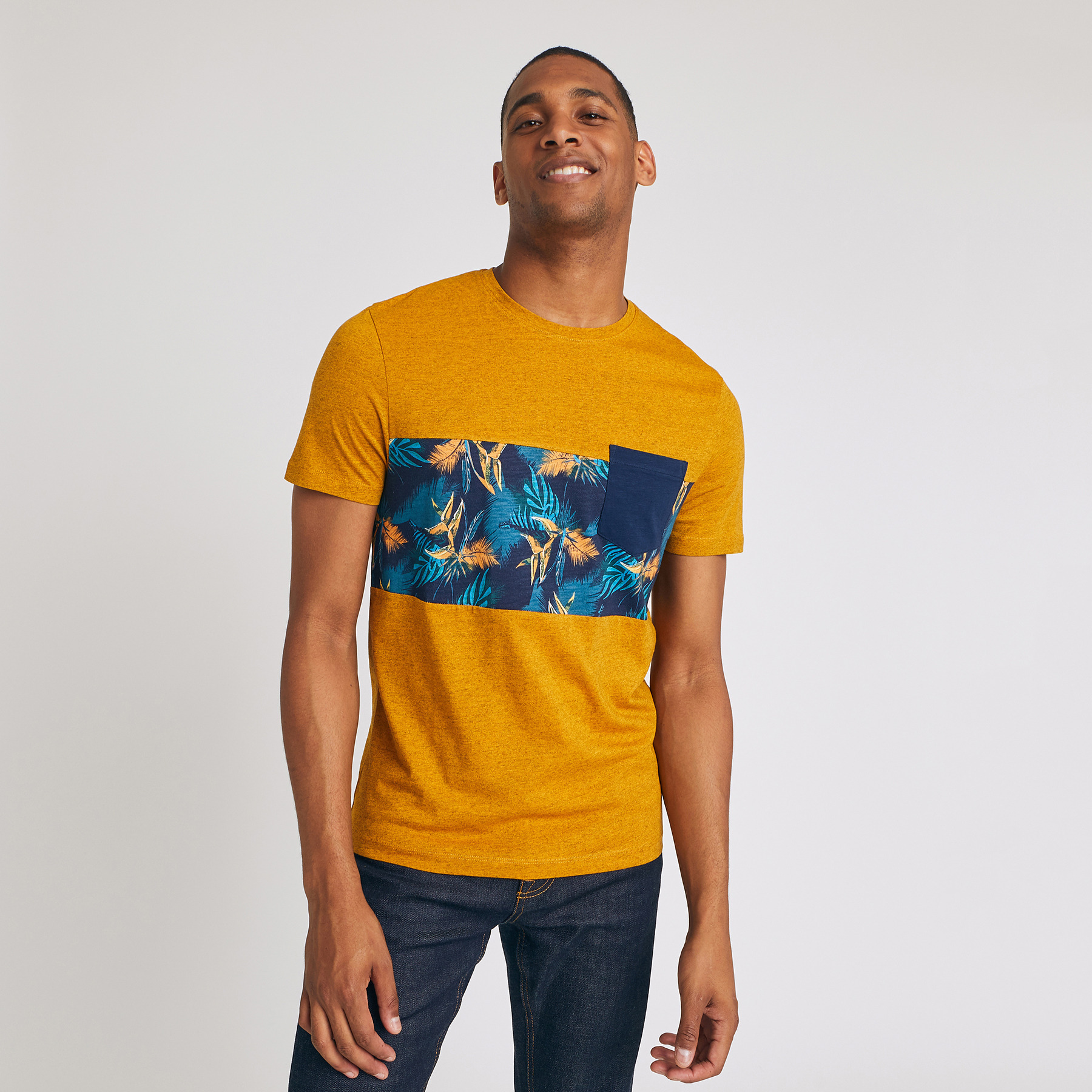 T-shirt découpe imprimé fleurs  oiseaux de paradis Jaune/Or Homme