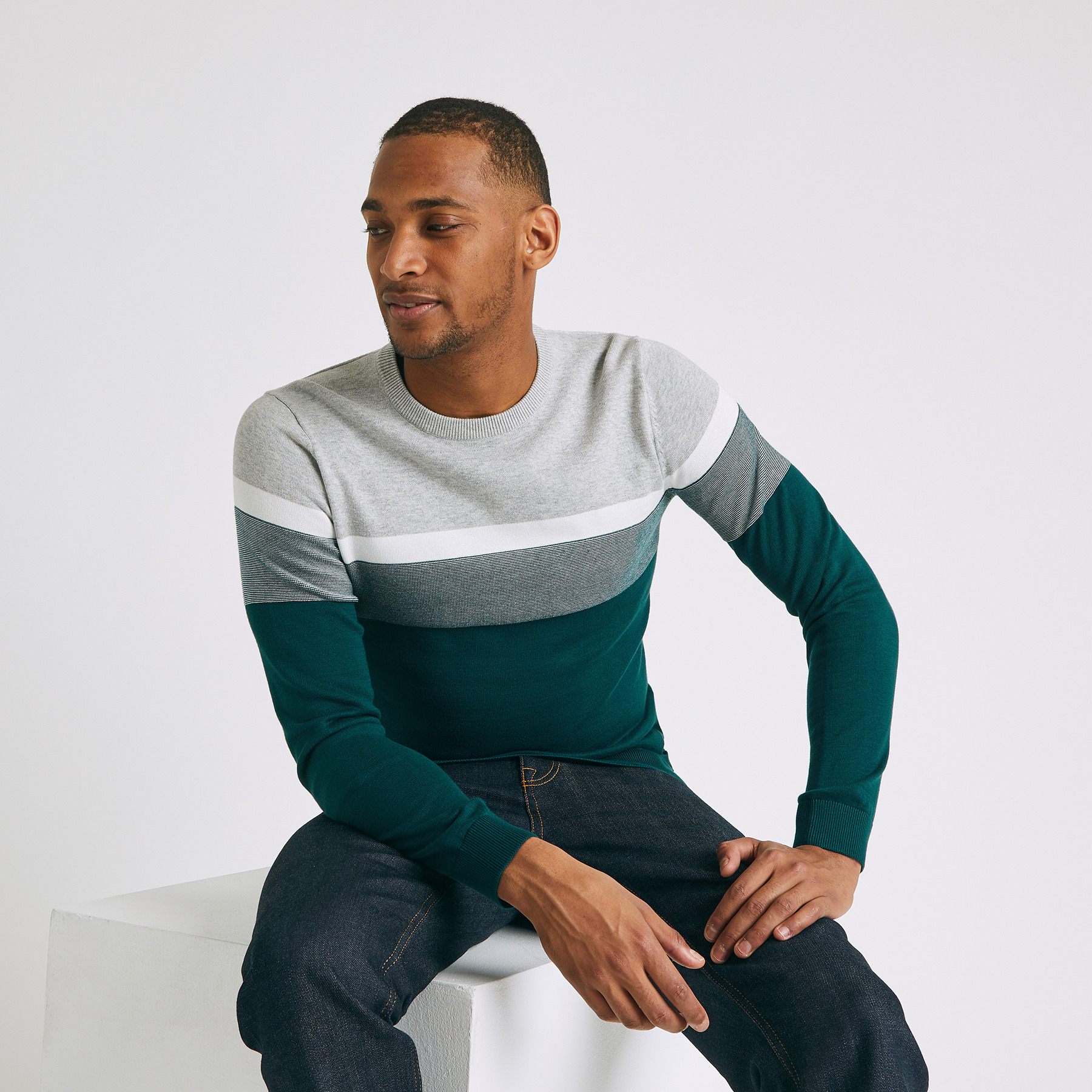 Pull color block tricolore jeu de points Vert/Kaki Homme