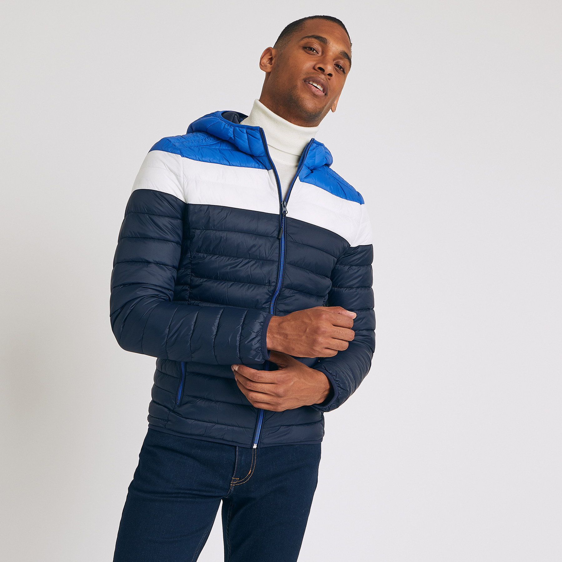 Doudoune colorblock à capuche Bleu Homme