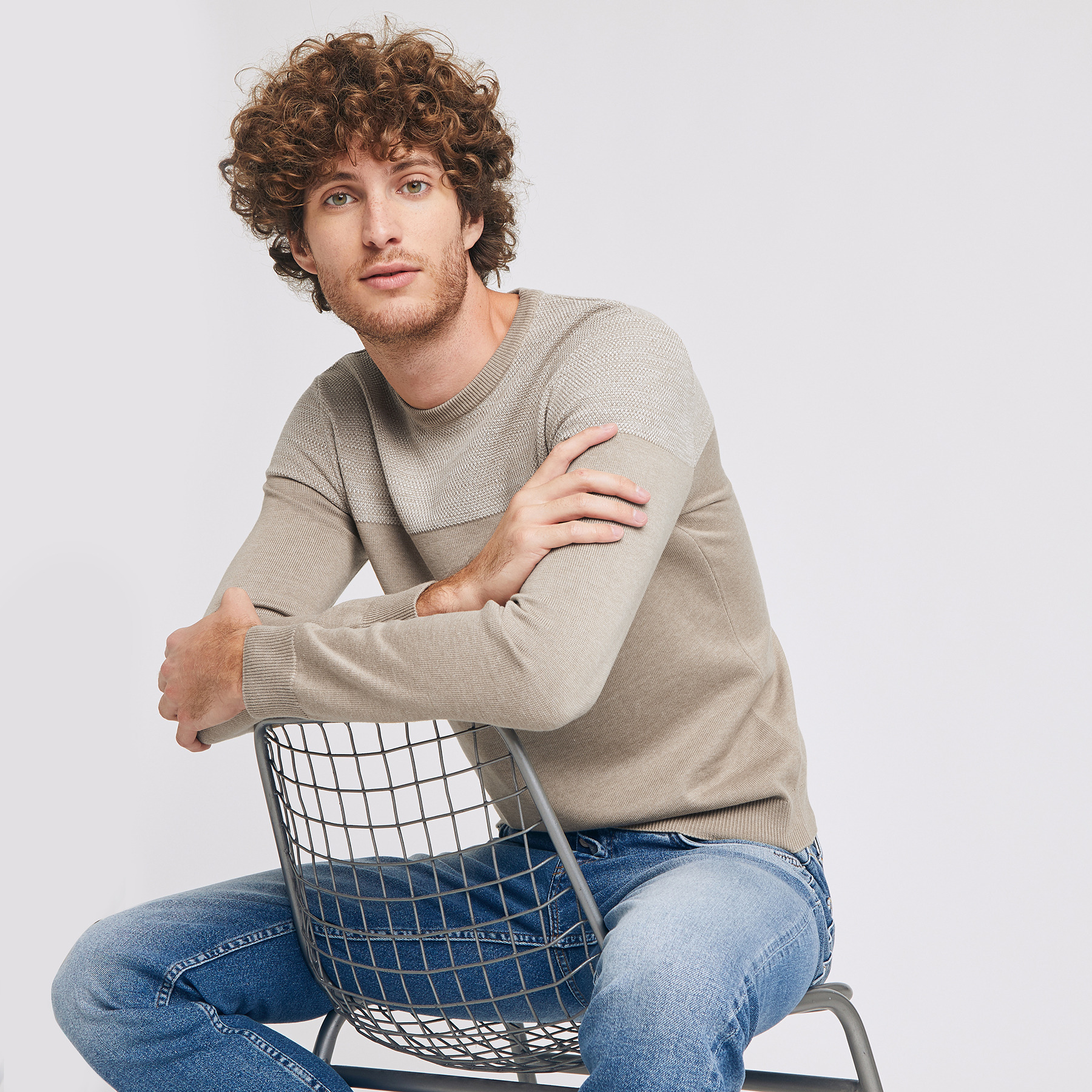 Pull col rond jeu de points Beige Homme