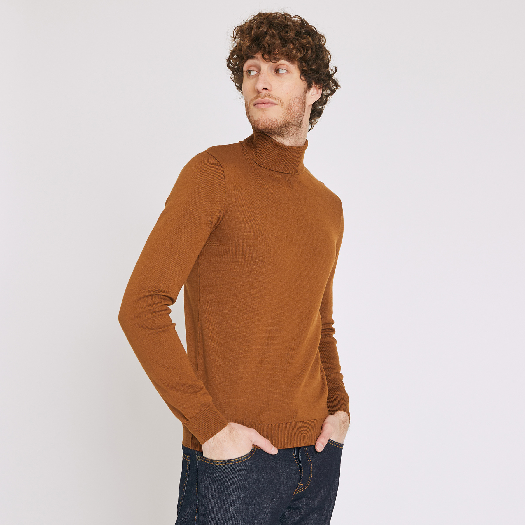 Pull col roulé uni Beige Homme