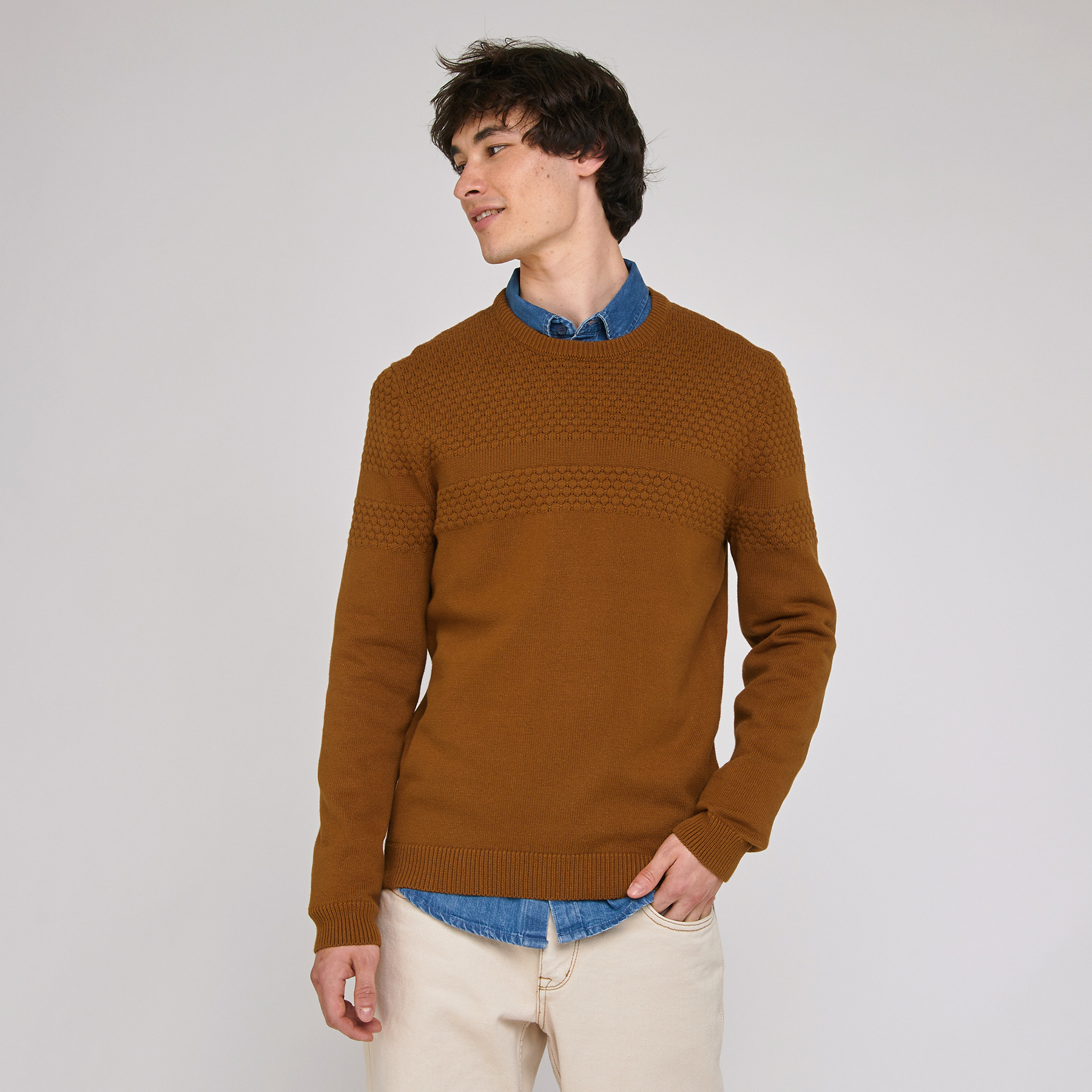 Pull col rond bandes maille fantaisie Beige Homme