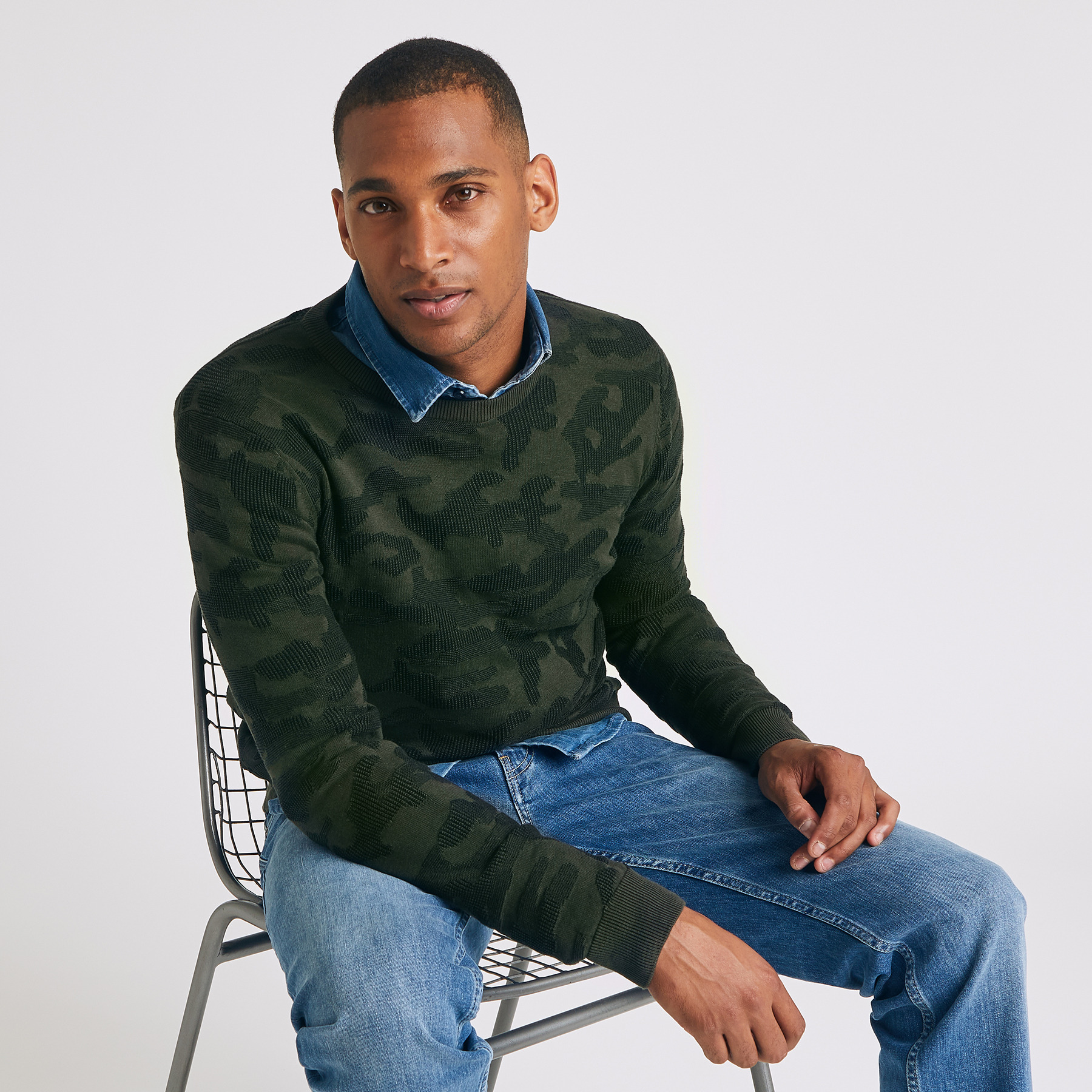 PULL CAMOUFLAGE JEU DE POINT Vert/Kaki Homme