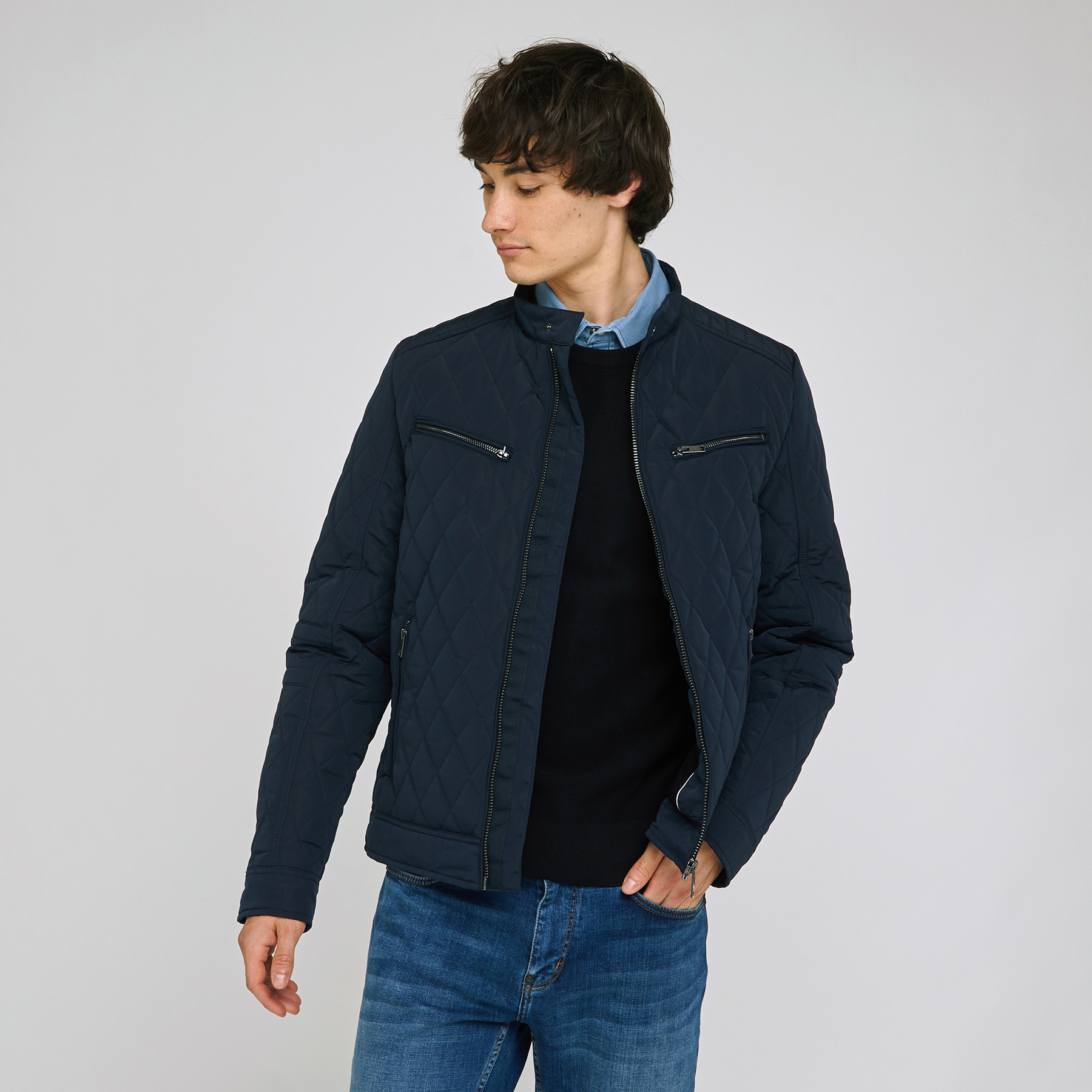Blouson matelassé col biker Bleu Homme