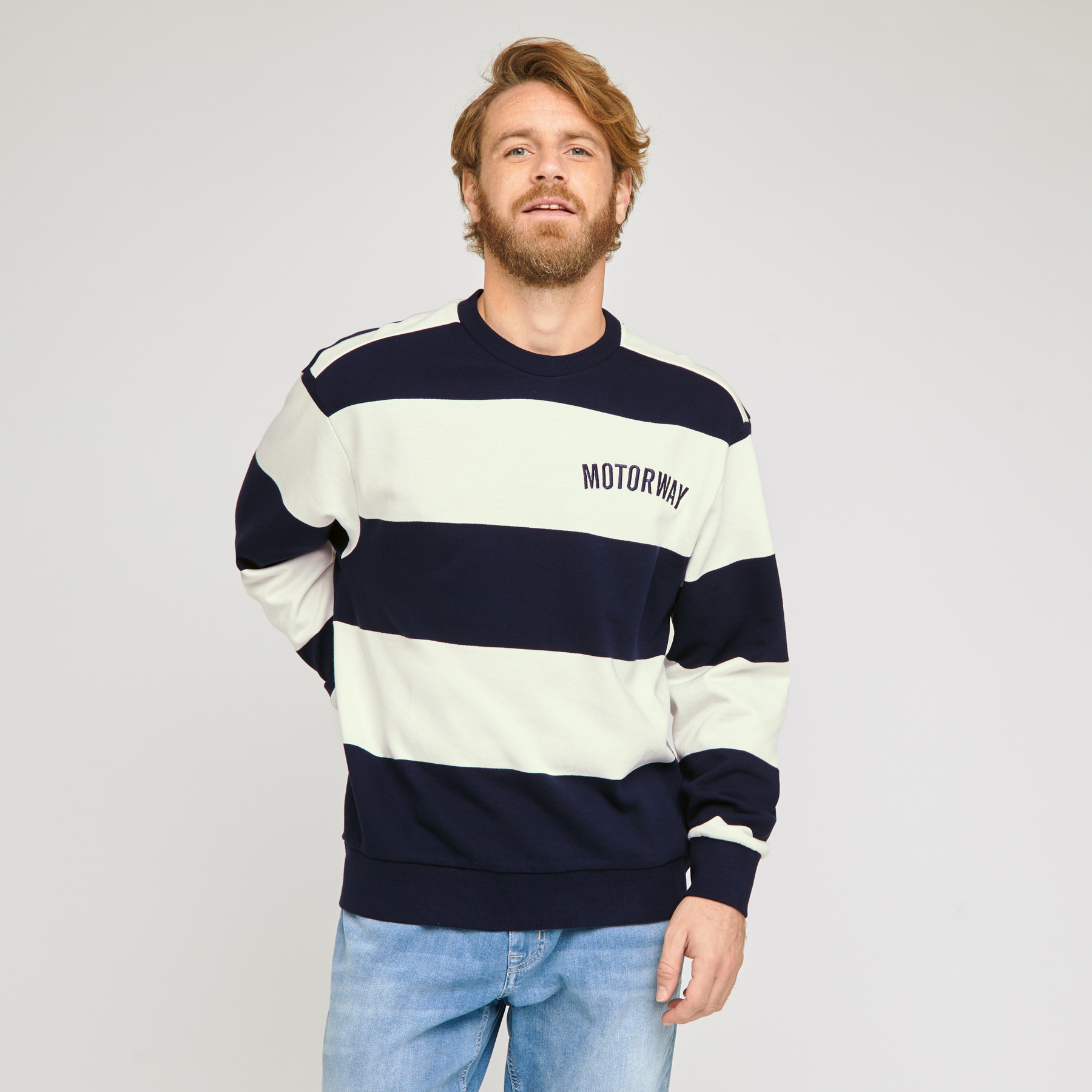 Sweat col rond à larges rayures Bleu Homme