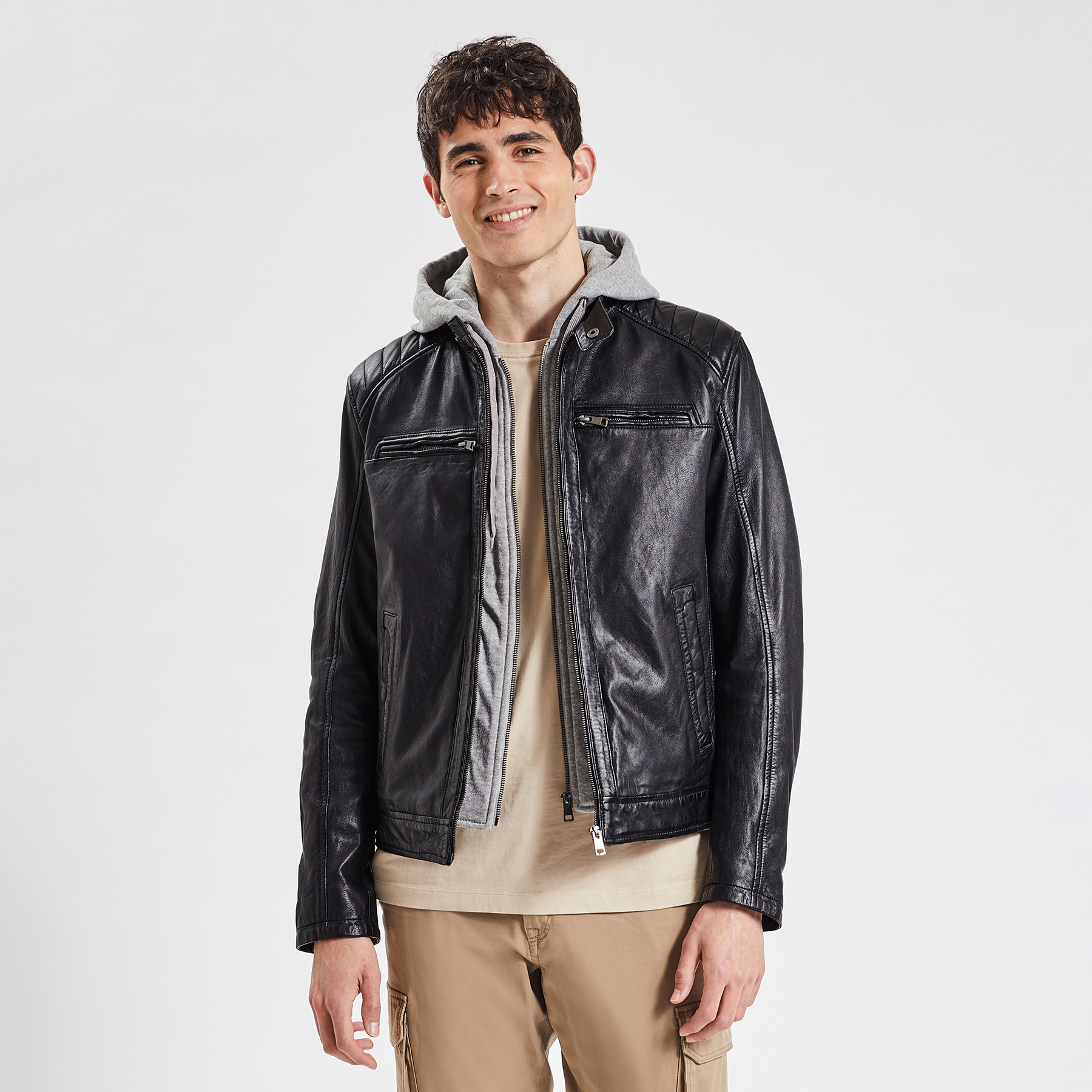 Blouson cuir col biker Noir M 100% Cuir Mouton Homme Jules
