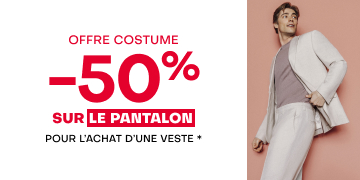 Offre costume : -50% sur le pantalon pour l'achat d'une veste*